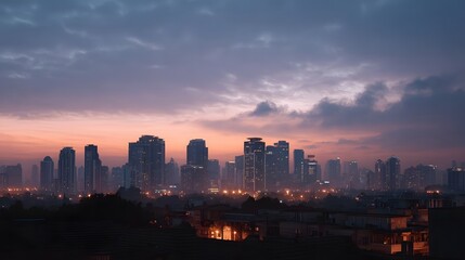 Fototapeta premium A city skyline at dawn or dusk with dramatic clouds painting the sky above silhouetted high rise buildings and lit