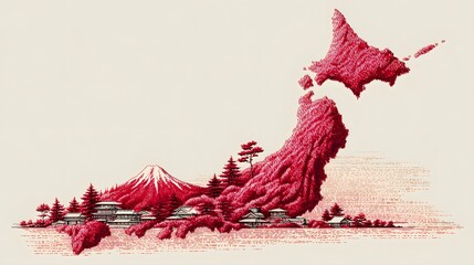This is a red illustration of Japan's landscape, featuring a prominent mountain, trees, and a stylized representation of the country's geography.