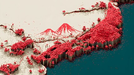 This 3D illustration depicts a stylized map of Japan, featuring a mountainous landscape covered in red trees. The image showcases the country's unique geography and natural beauty. 