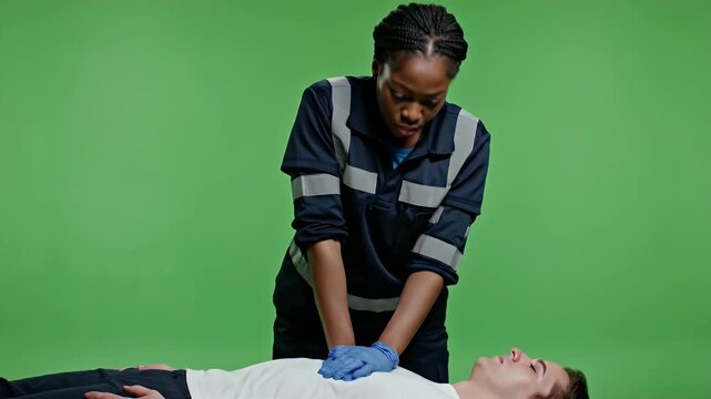Paramedic Performs Cardiopulmonary Resuscitation CPR on Patient During Emergency Medical Training on Green Screen Background