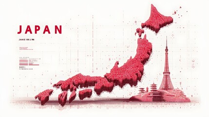A stylized illustration of Japan's map in red pixels, set against a clean white background. The iconic Tokyo Tower is prominently featured on the right side, adding a touch of urban charm.