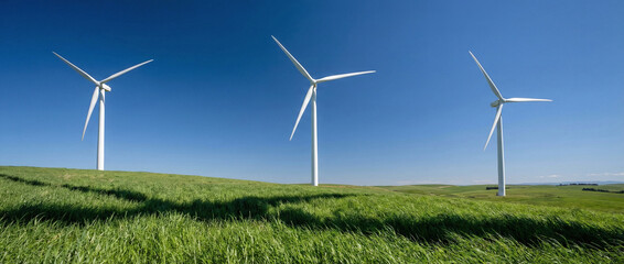 Fototapeta premium Wind turbines stand tall in a green field under a bright blue sky, generating clean energy in the countryside