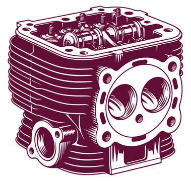 Detailed illustration of a motorcycle engine block with cylinder head and piston