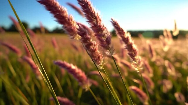 Golden hour sunlight illuminates a field of tall, feathery grass with a soft bokeh background and a clear blue sky above