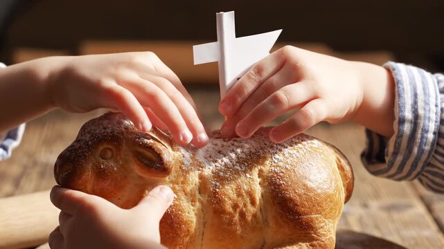 Little hands decorating a freshly baked Easter lamb cake with powdered sugar and a cross on a rustic wooden table for a traditional holiday celebration concept