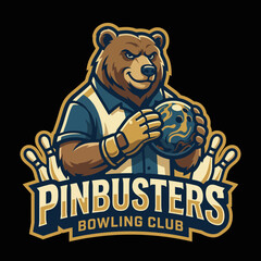 A striking mascot design featuring a muscular bear ready to bowl, conveying excitement and community spirit in a fun, competitive atmosphere of a bowling club.