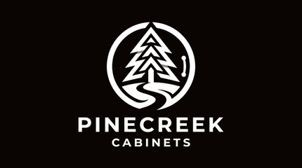 Fototapeta premium This logo showcases a stylized pine tree and winding river, symbolizing nature and craftsmanship, making it perfect for a cabinetry business or outdoor venture.
