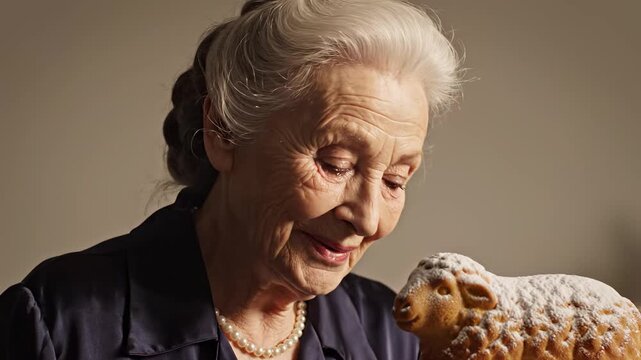 Close up of a happy senior woman smiling warmly while admiring a traditional Easter lamb cake, embodying homemade holiday spirit concept.