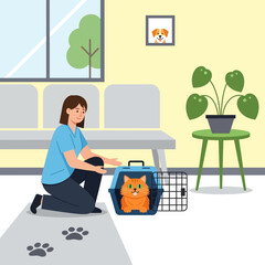Fototapeta premium Woman with cat in carrier at vet clinic waiting room, pet care concept