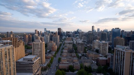 Obraz premium Aerial view of a modern city skyline with diverse architecture and a serene sky during golden hour