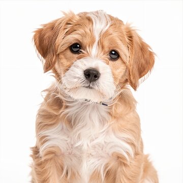 Adorable Cavapoo Puppy with Fluffy Fur Looking up on White Background