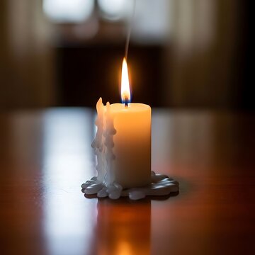 Lilin putih menyala dengan kepulan asap tipis di atas meja kayu mengkilap 