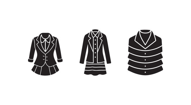 Black and white illustrations of different school uniforms for girls  various styles and designs  skirts and jackets