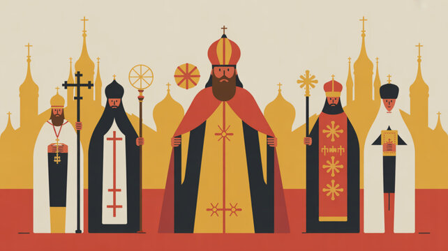 Group of orthodox priests and bishops in traditional attire standing in front of a church skyline at sunset