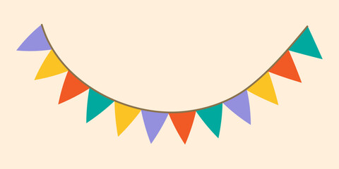 Garland colorful bunting flags on string for birthday party decoration, holiday anniversary fabric cute design, modern festive hanging decor. Isolated. Vector illustration