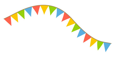 Garland colorful bunting flags on string for birthday party decoration, holiday anniversary fabric cute design, modern festive hanging decor. Isolated. Vector illustration