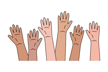 Raised up hands, hand-drawn palms group of different nationalities races people. Vote democracy participation, express opinion, support choice engagement. Volunteer aid movement community. Isolated. 
