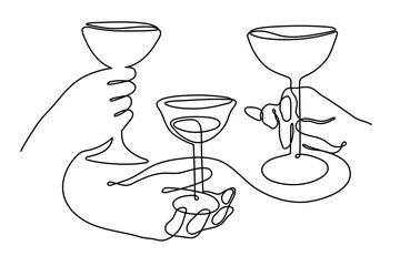 Hands hold wine clinking glasses celebrating holiday 2027 new year, one line art, continuous drawing contour. Cheers romantic Valentine's Day toast, festive hand-drawn drink. Editable stroke. Isolated