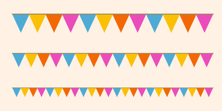 Garland colorful bunting flags on string for birthday party decoration, holiday anniversary fabric cute design, modern festive hanging decor. Isolated. Vector illustration