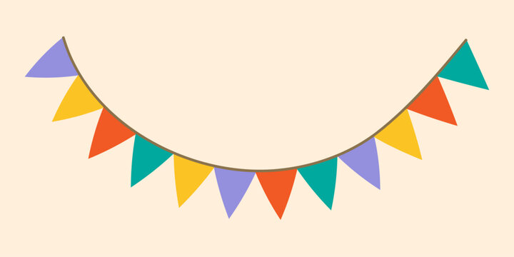 Garland colorful bunting flags on string for birthday party decoration, holiday anniversary fabric cute design, modern festive hanging decor. Isolated. Vector illustration