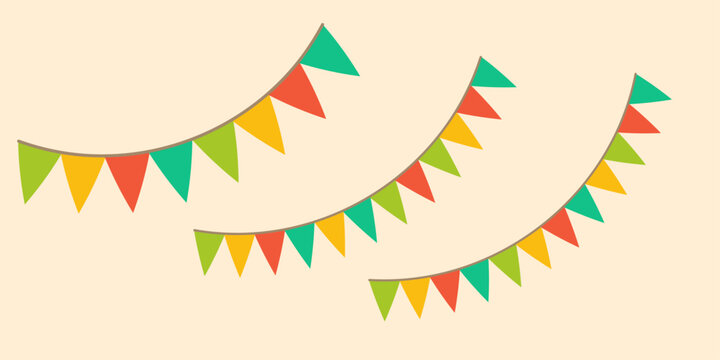Garland colorful bunting flags on string for birthday party decoration, holiday anniversary fabric cute design, modern festive hanging decor. Isolated. Vector illustration