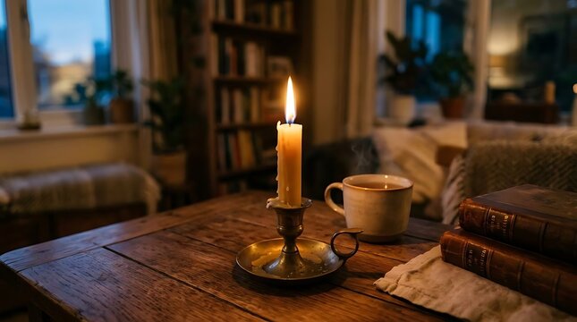 Suasana malam tenang dengan lilin menyala, buku tua dan secangkir teh hangat 
