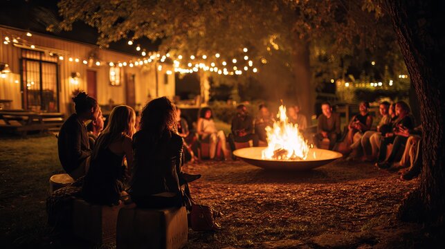 A group of people gathered around a large fire pit in a backyard at night