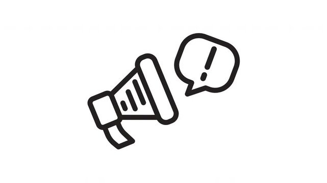 Line art icon of a megaphone with an exclamation mark in a speech bubble, symbolizing announcement or alert.