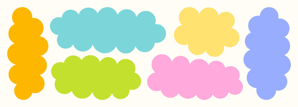 Fluffy Label Shapes Set. Cute Cloud Frames in Pastel Color. Vector Scallop Borders. Wavy Box for Banner, ScrapBook, Lables, Copy Past Text, Background.