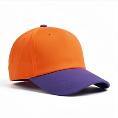 Fototapeta premium Bright Orange and Purple Baseball Cap with Contrasting Colors Isolated on White