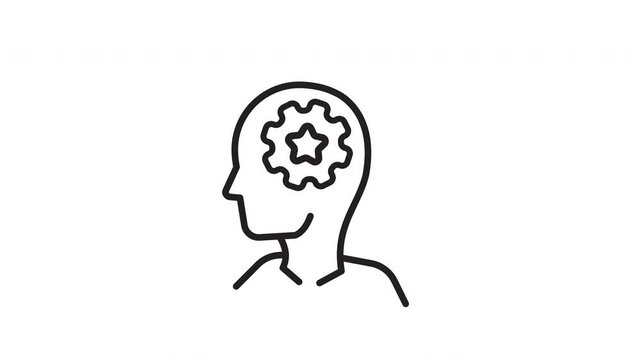 Line icon of a human head with a gear and star inside representing the thought process, creativity, and innovation.