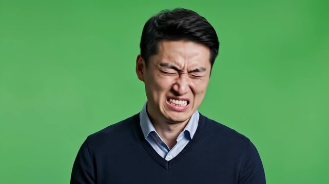 Young man experiencing discomfort or confusion against a green screen