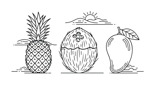 Minimalist tropical fruit line art, pineapple coconut and mango vector icons, black and white summer fruit illustrations for coloring or branding