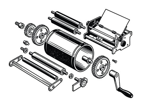 Detailed technical drawing of assembled parts of a manual duplicator machine, gears, rollers, and paper