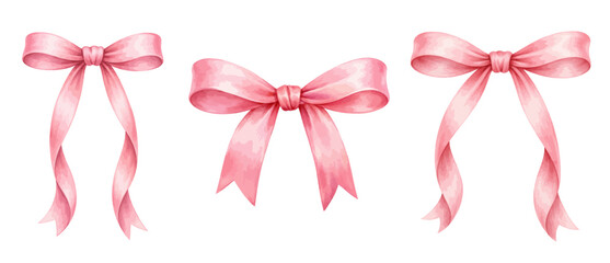 Watercolor pink ribbon bow collection illustration, elegant decorative bows isolated on white background. © liana