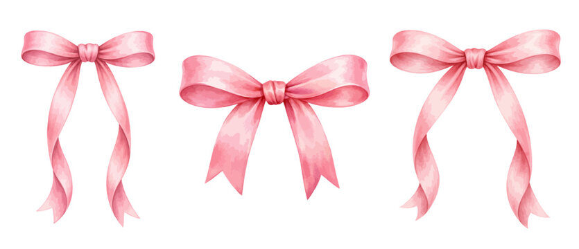 Watercolor pink ribbon bow collection illustration, elegant decorative bows isolated on white background.