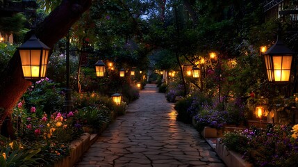 Fototapeta premium Serene garden pathway with lanterns and flowers at dusk creating a peaceful ambiance