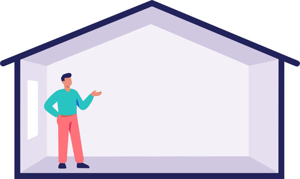 A man presents inside an empty house interior with walls and roof