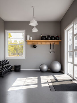 Home gym garage with dumbbell kettlebell yoga mat exercise ball sunlight modern minimal gray wall window shelf