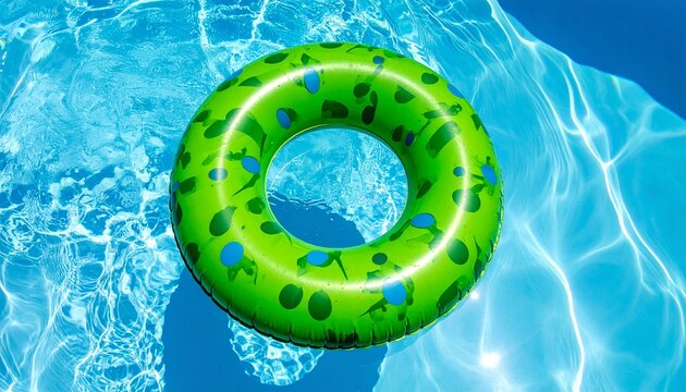 Vibrant green donut pool float in clear blue water under bright sunlight