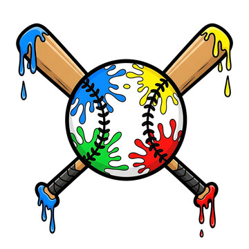 Colorful Baseball with Bats Dripping Paint Splash Sports Illustration