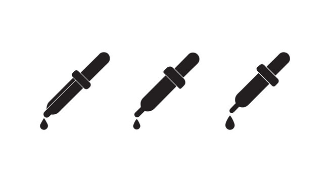 Blackandwhite illustration of three dropper bottles with droplets on white background  simple graphic design elements