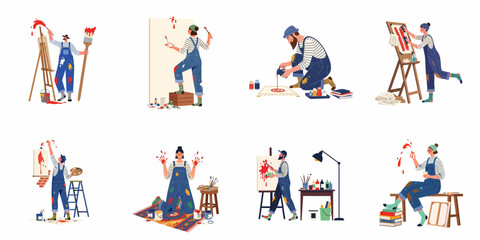 Fototapeta premium Diverse collection of artists and painters in denim overalls creating abstract art with canvases, brushes, and paints in various studio settings.