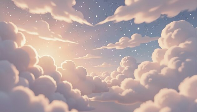 Dreamy Cloudscape Illustration with Stars and Glowing Sky for Backgrounds