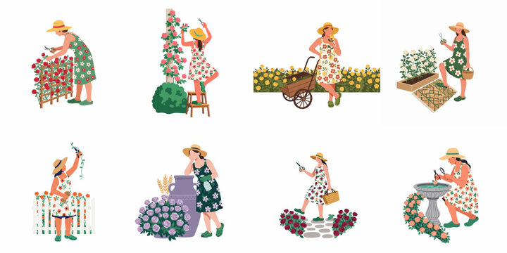 Illustrations of women in floral summer dresses tending to rose gardens, pruning, harvesting, and arranging flowers in a minimalist flat style.