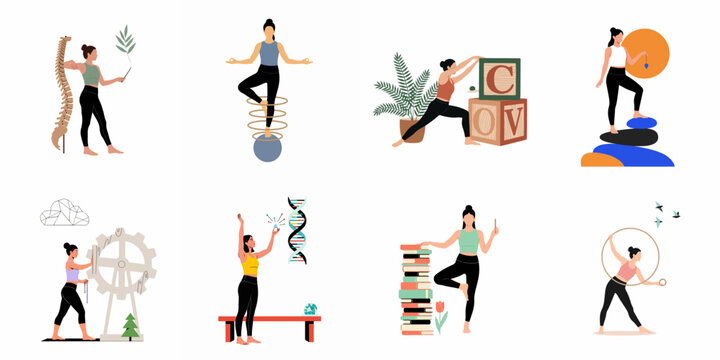 Collection of flat illustrations depicting women practicing holistic wellness, yoga, and mindfulness activities for physical and mental balance.