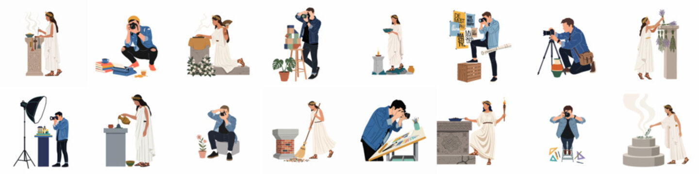 Flat vector illustration set featuring a modern photographer and a woman in ancient Greek dress engaged in various creative and traditional activities.