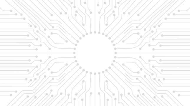 Geometric technology pattern showing white motherboard tracks radiating from center for modern layouts