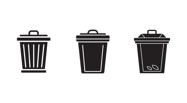 Blackandwhite illustrations of three different trash cans with lids on white background  waste management icons