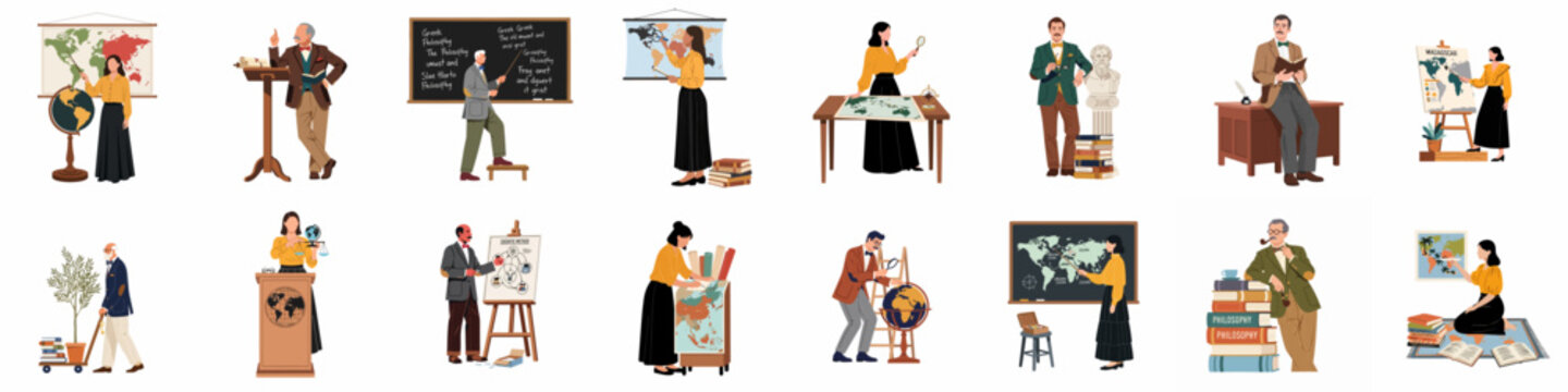 Set of vector illustrations featuring diverse scholars, professors, and researchers teaching geography, history, and philosophy in academic and classroom settings.